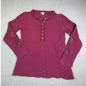 Sundance Womens Large Red Embroidered Henley Long Sleeve Boho Knit Top Soft
